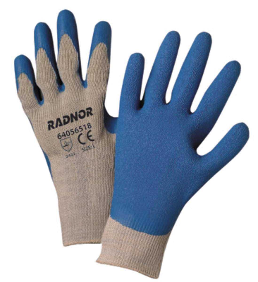 RADNOR® Large 10 Gauge Blue Latex Palm And Finger Coated Work Gloves With Gray Cotton And Polyester Liner And Knit Wrist