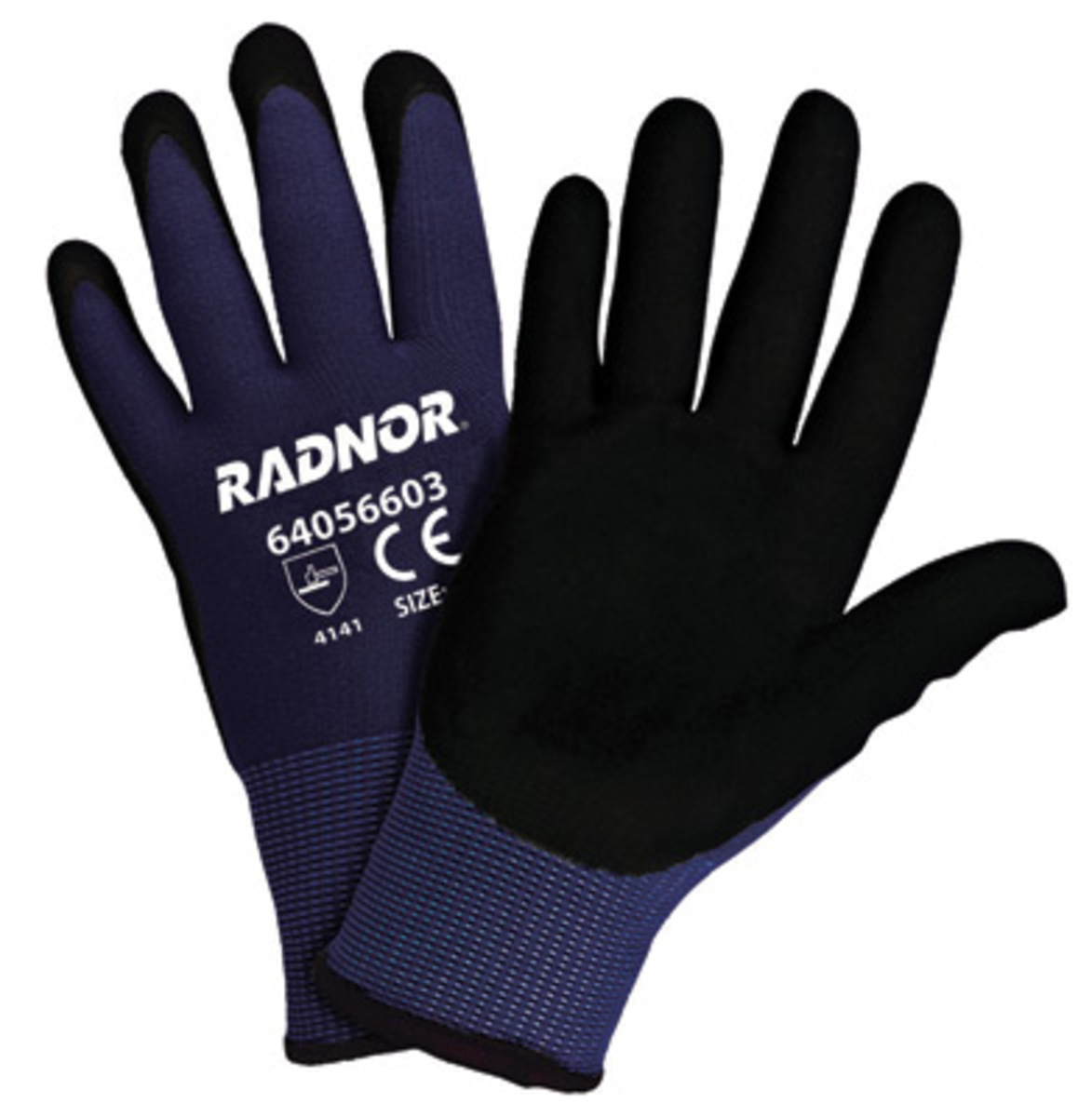 RADNOR® Large 15 Gauge Black Nitrile And Micro-Foam Palm And Finger Coated Work Gloves With Blue Nylon Liner And Knit Wrist