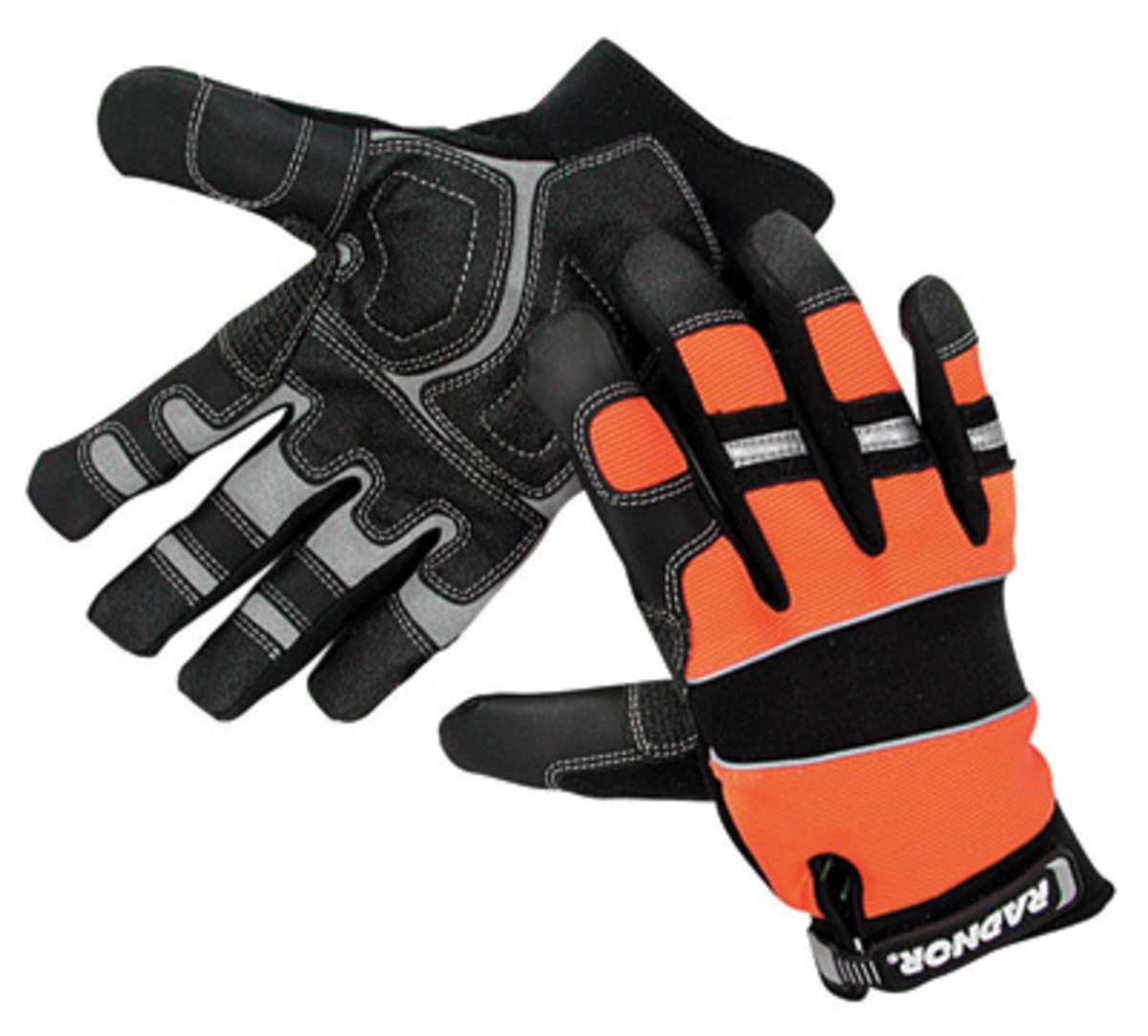 RADNOR® Large Black And Hi-Viz Orange Leather And Spandex® Full Finger Mechanics Gloves With Hook And Loop Cuff