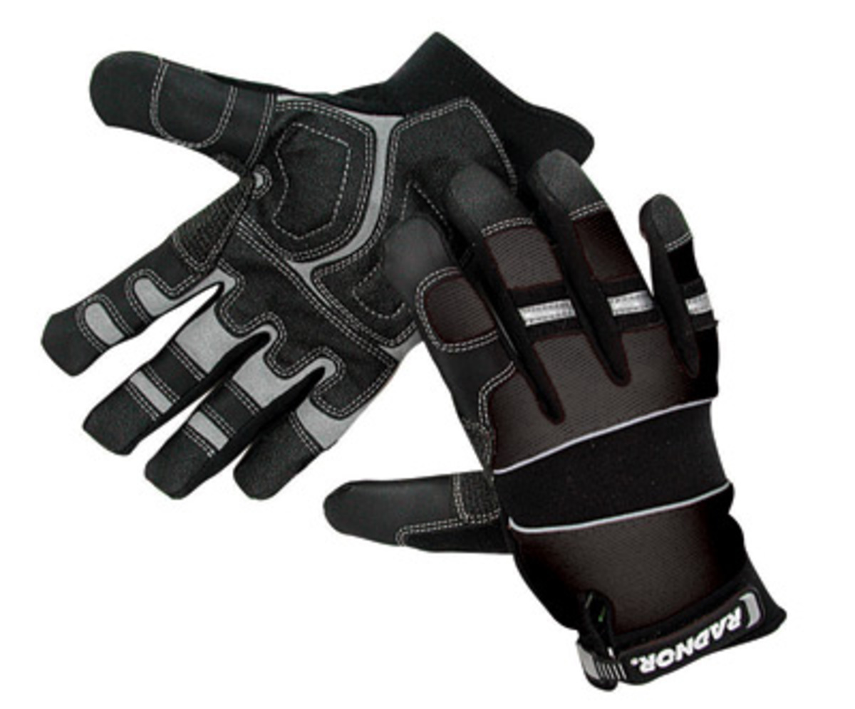 RADNOR® Large Black Leather And Spandex® Full Finger Mechanics Gloves With Hook And Loop Cuff