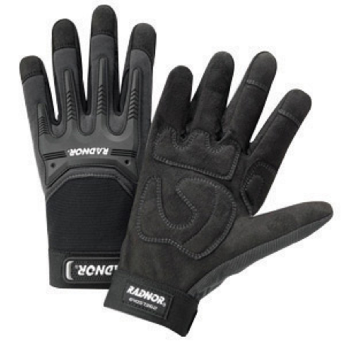 RADNOR® Large Black And Gray Leather And Spandex® Full Finger Mechanics Gloves With Hook And Loop Cuff