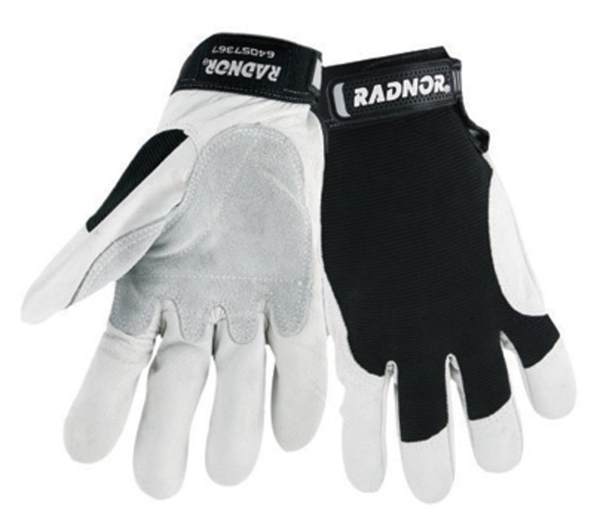RADNOR® Large White And Black Goatskin Full Finger Mechanics Gloves With Hook And Loop Cuff