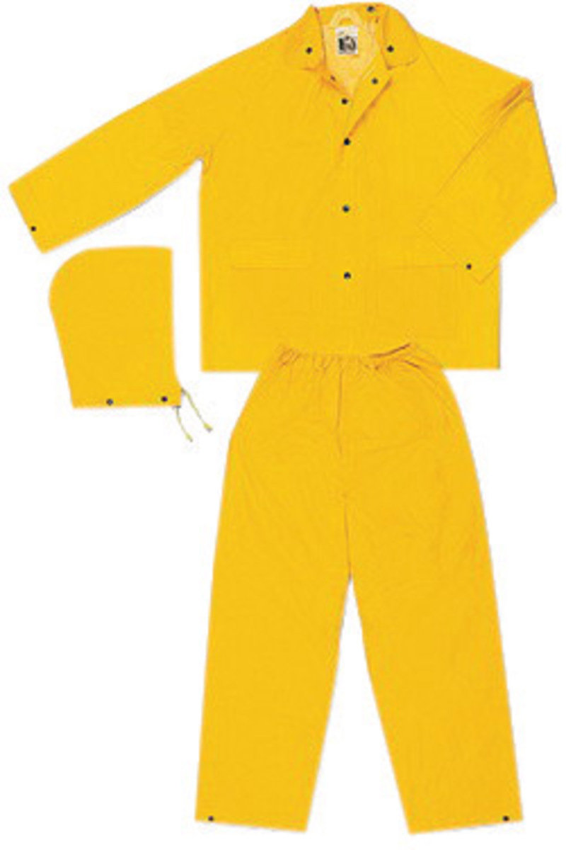 MCR Safety® Yellow Classic .35 mm Polyester And PVC 3-Piece Rain Suit With Detachable Hood And Elastic Waist Pant