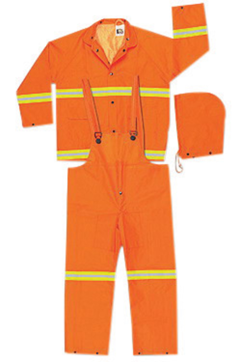 MCR Safety® Fluorescent Orange Luminator™ .35 mm Polyester And PVC 3-Piece Rain Suit With Hi Viz Stripes, Detachable Hood And Bi
