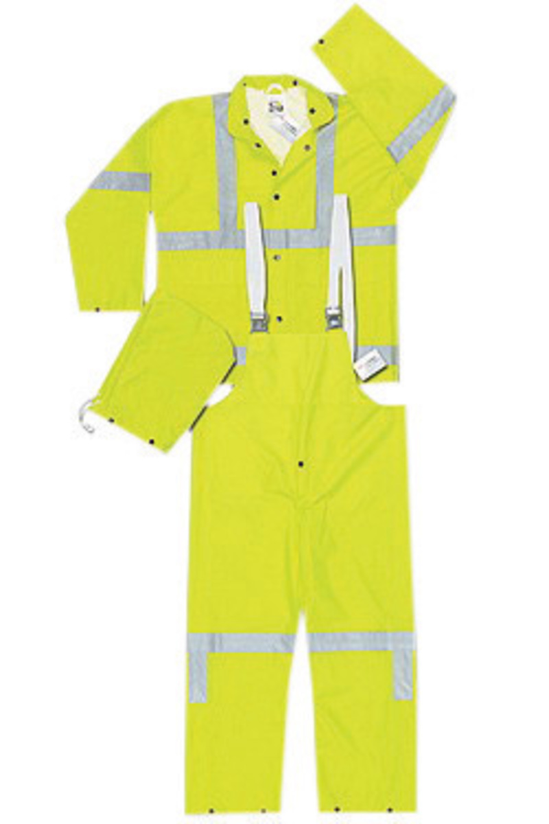 MCR Safety® Lime Luminator™ .38 mm Polyester And PVC 3-Piece Rain Suit With Hi Viz Stripes, Detachable Hood And Bib Pants