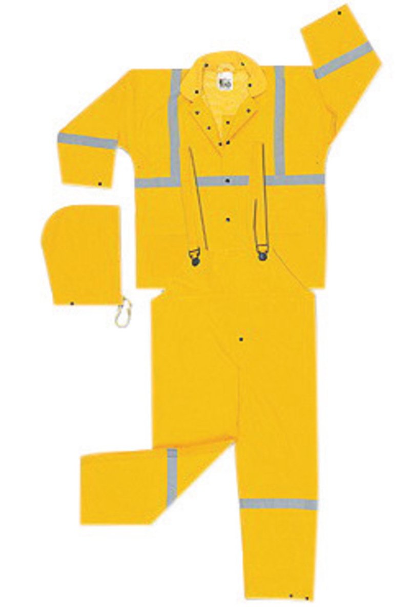 MCR Safety® Yellow Luminator™ .35 mm Polyester And PVC 3-Piece Rain Suit With Hi Viz Stripes , Detachable Hood, Corduroy Collar