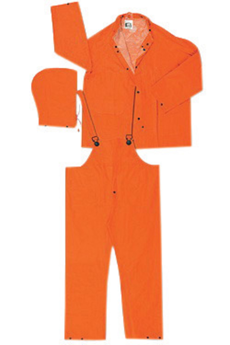 MCR Safety® Orange Classic Plus .35 mm Polyester And PVC 3-Piece Rain Suit With Detachable Hood, Bib Pants And Corduroy Collar