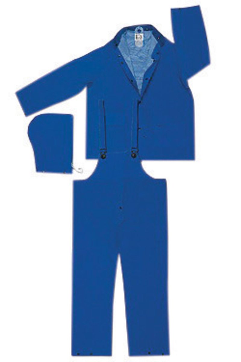 MCR Safety® Blue Classic Plus .35 mm Polyester And PVC 3-Piece Rain Suit With Detachable Hood, Bib Pants And Corduroy Collar