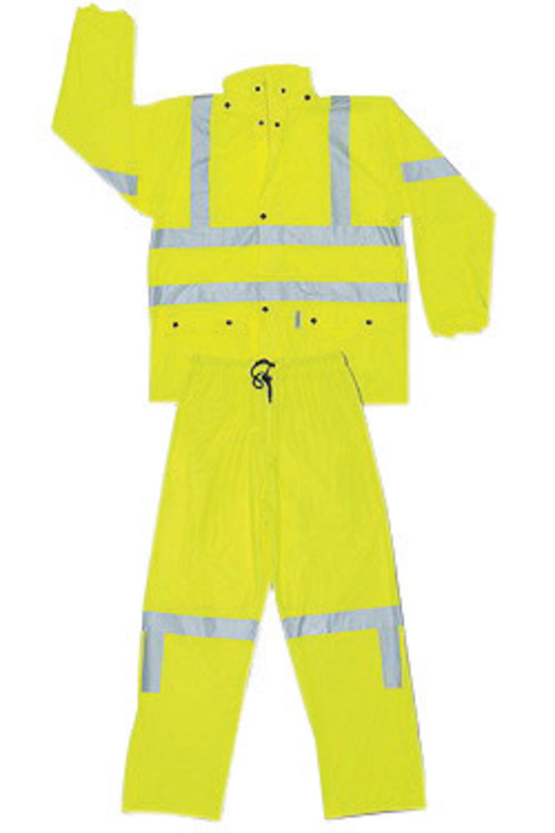 MCR Safety® Medium Fluorescent Lime Luminator™ .40 mm Polyurethane And Cotton/Polyester Blend 2-Piece Rain Suit With Attached Ho