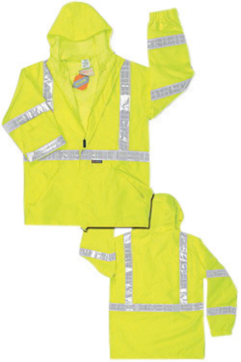 MCR Safety® Fluorescent Lime Luminator™ Polyester And Polyurethane Jacket With Attached Hood And Hi Viz Stripes