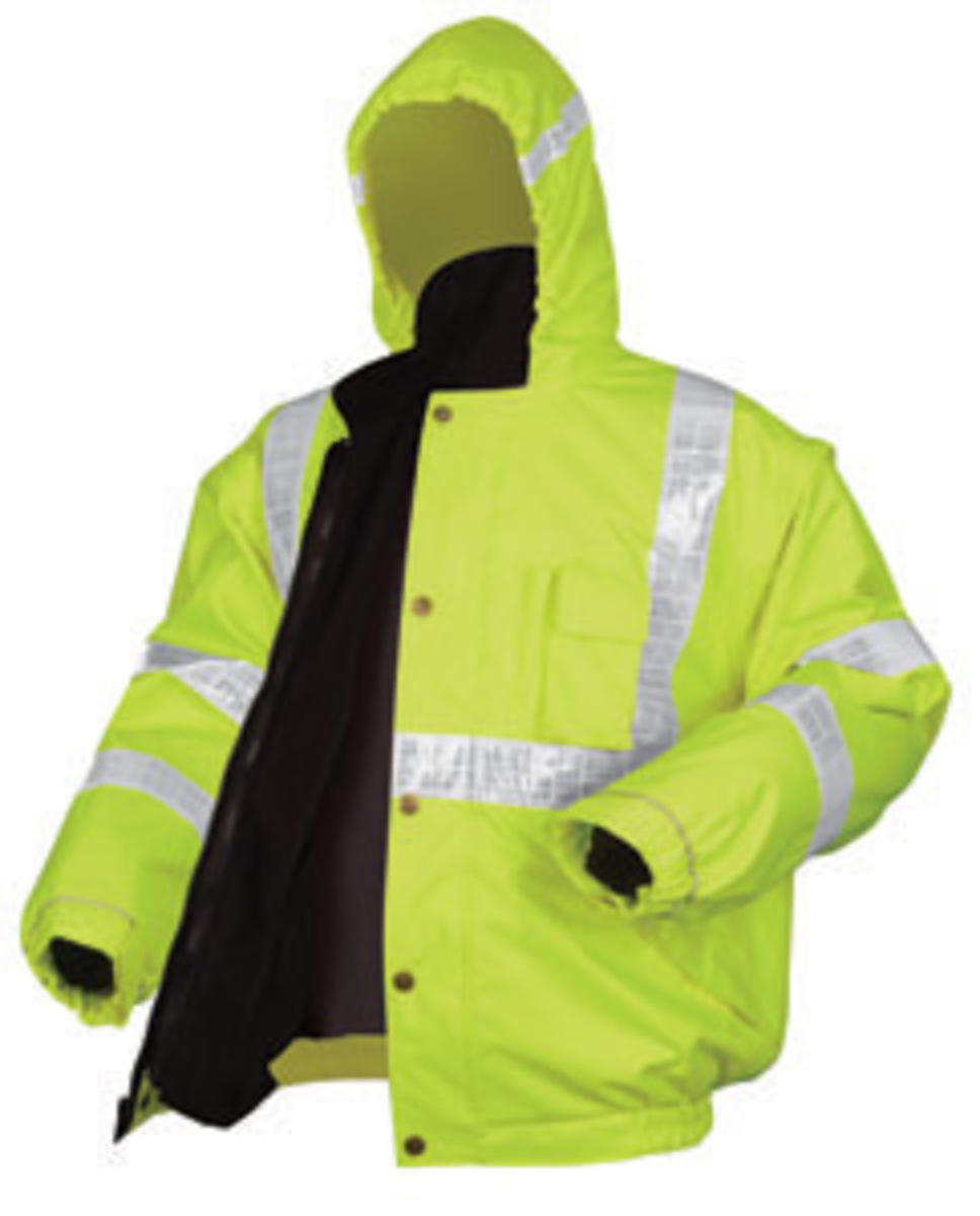 MCR Safety® Fluorescent Lime Luminator™ Polyester And Polyurethane 4-in-1 Coat With Attached Hood, Hi Viz Stripes And Fleece Zip