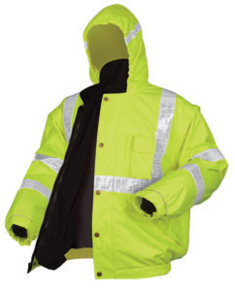 MCR Safety® Fluorescent Lime Luminator™ Polyester And Polyurethane 4-in-1 Coat With Attached Hood, Hi Viz Stripes And Fleece Zip MCR Safety® Fluorescent Lime Luminator™ Polyester And Polyurethane 4-in-1 Coat With Attached Hood, Hi Viz Stripes And Fleece Zip