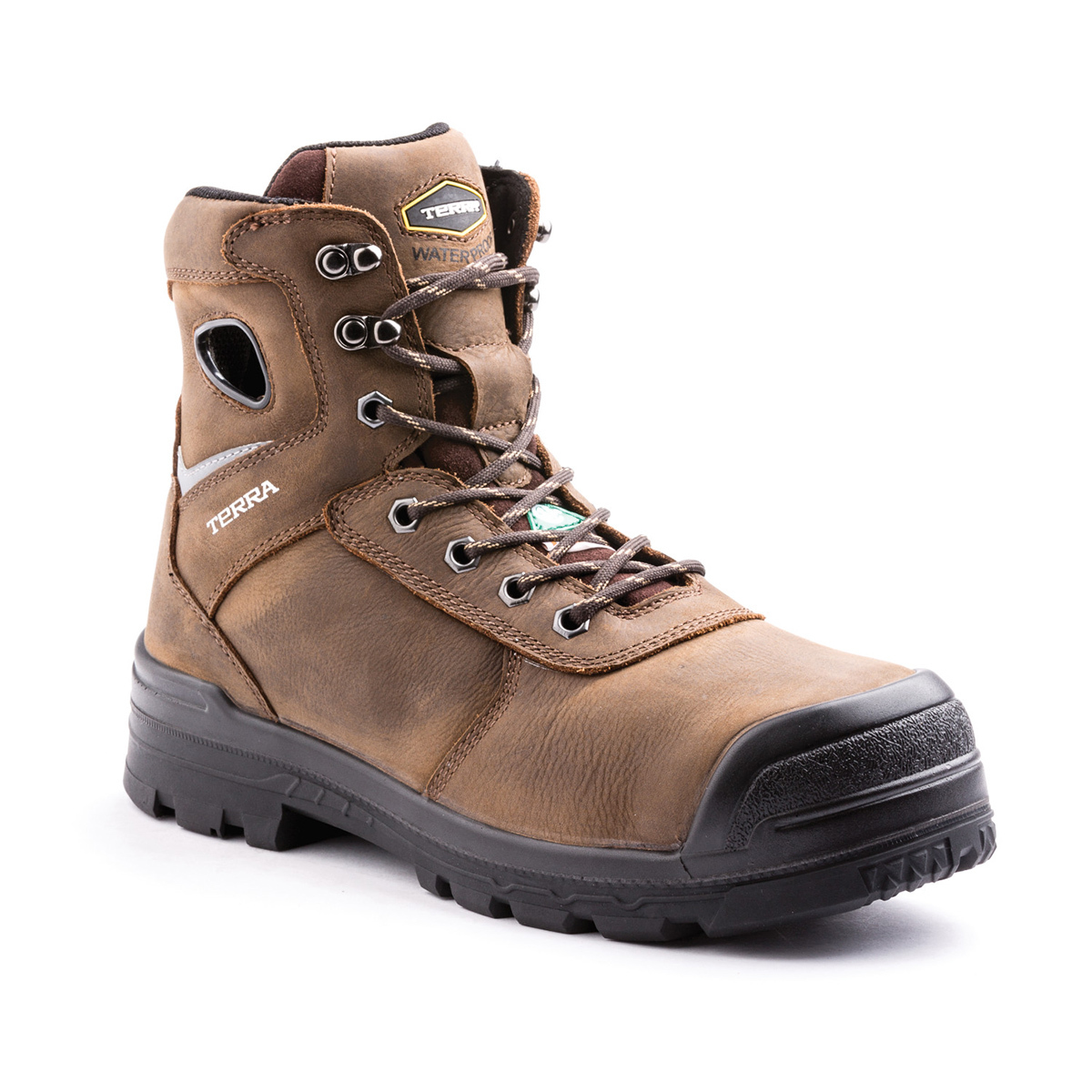 TERRA Size 9 1/2 Brown Marshal Leather Composite Toe Safety Boots With High Traction, Anti F.O.D. Slip Resistant Rubber Outsole