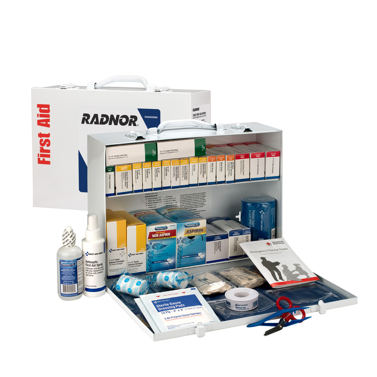 RADNOR® White Metal Portable Or Wall Mounted 75 - 100 Person 2 Shelf First Aid Cabinet With Medicinals