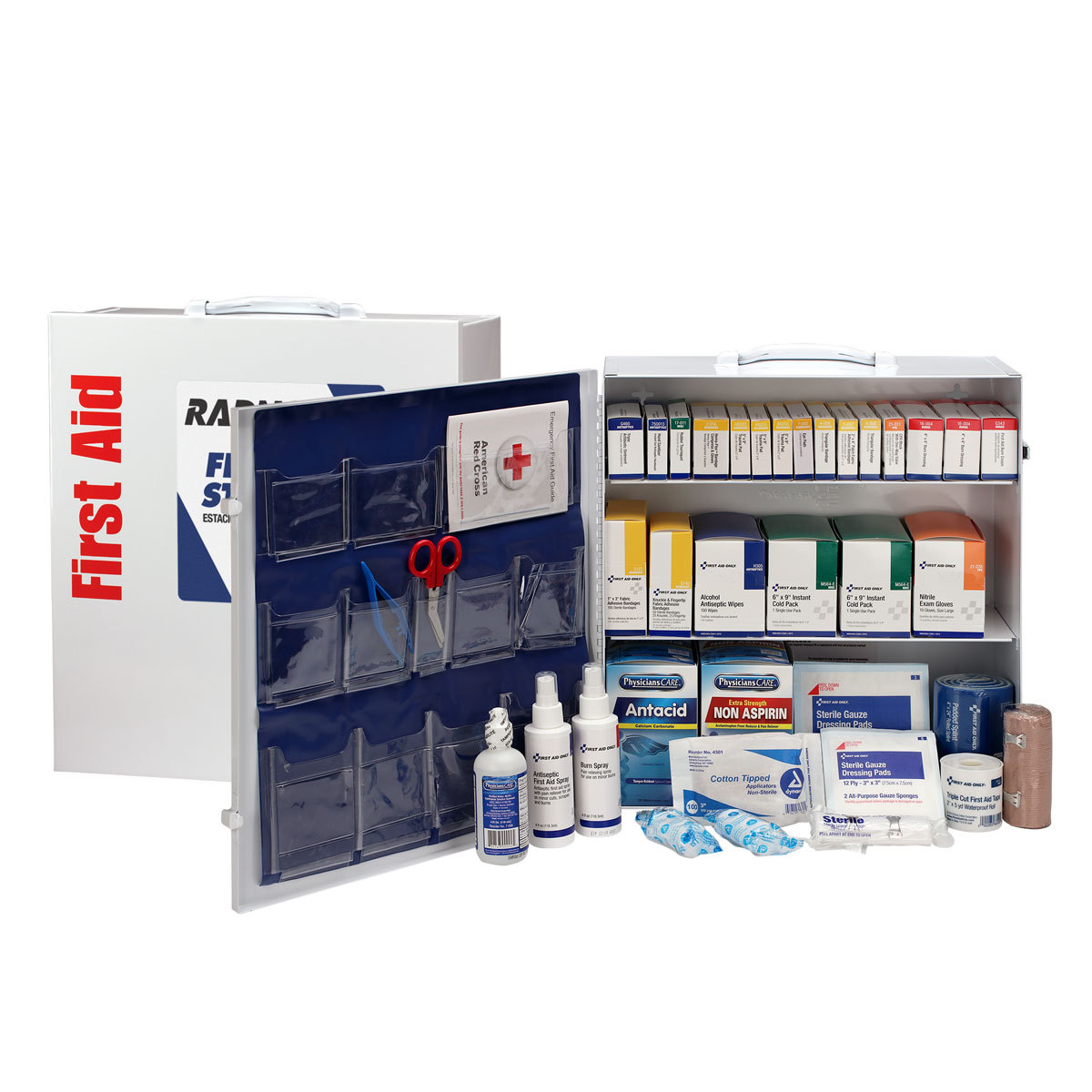 RADNOR® White Metal Portable Or Wall Mounted 100 - 150 Person 3 Shelf First Aid Cabinet With Medicinals
