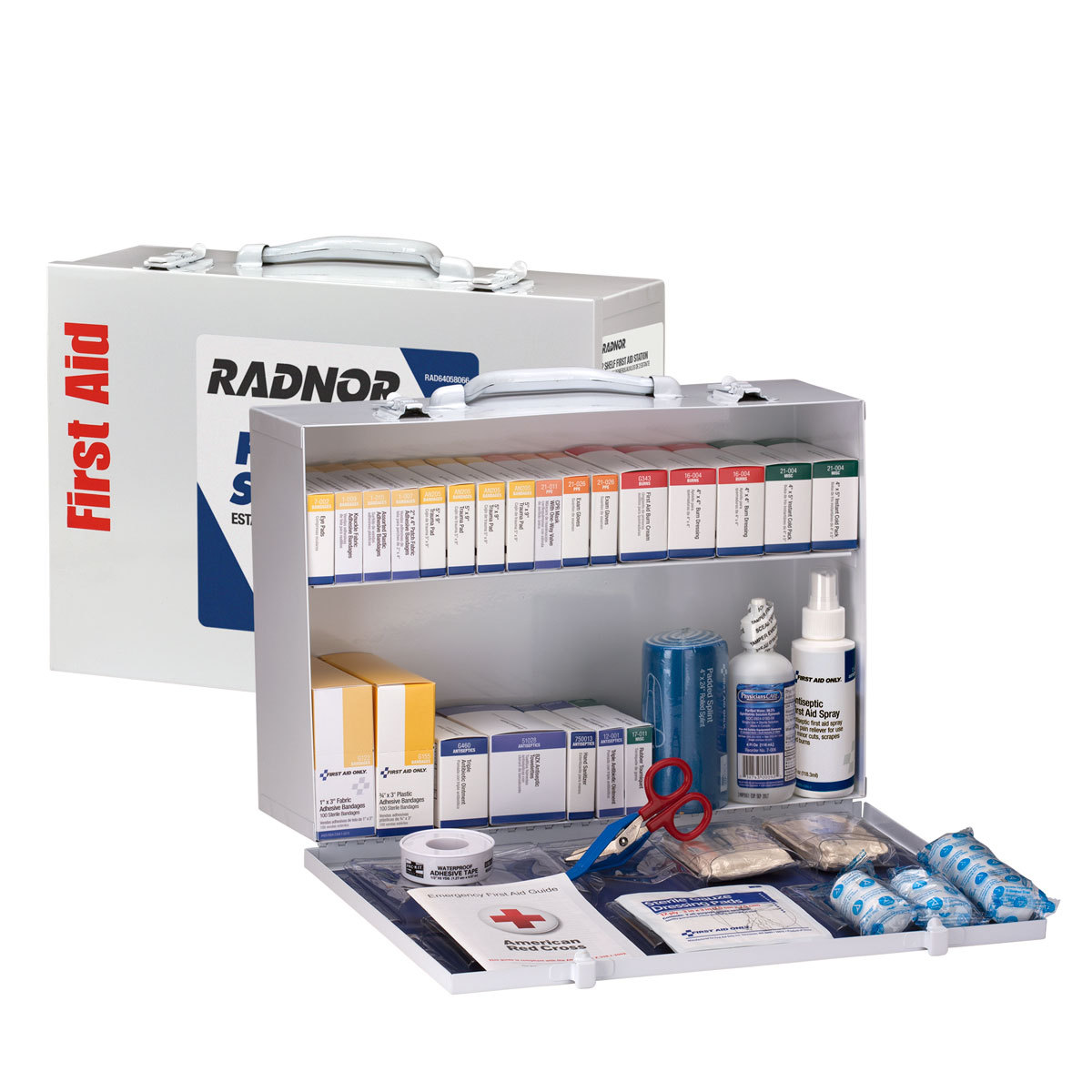 RADNOR® White Metal Portable Or Wall Mounted 75 - 100 Person 2 Shelf First Aid Cabinet