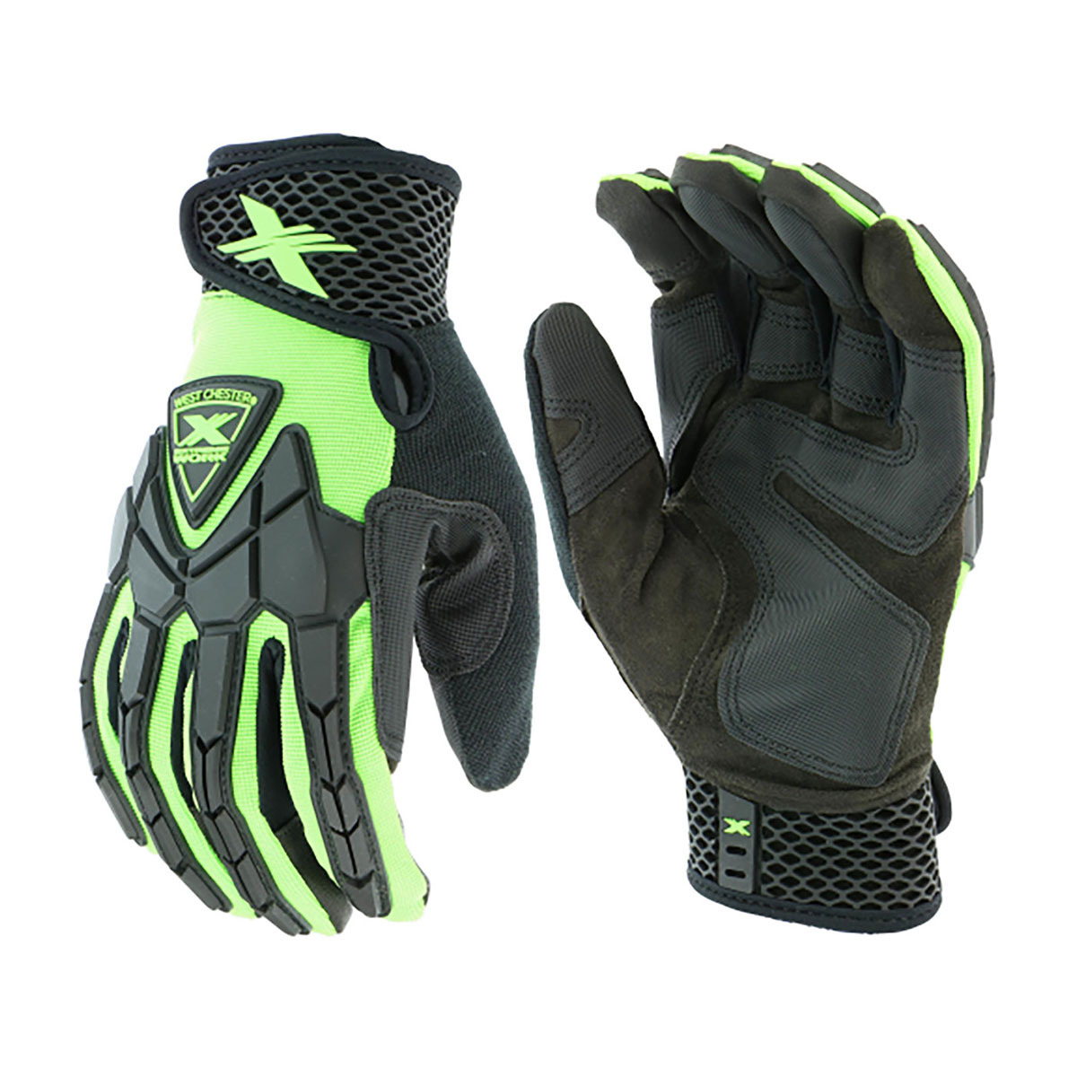 PIP® Large Black And Hi-Viz Green Extreme Work® Synthetic Leather Full Finger Mechanics Gloves With Hook And Loop Cuff