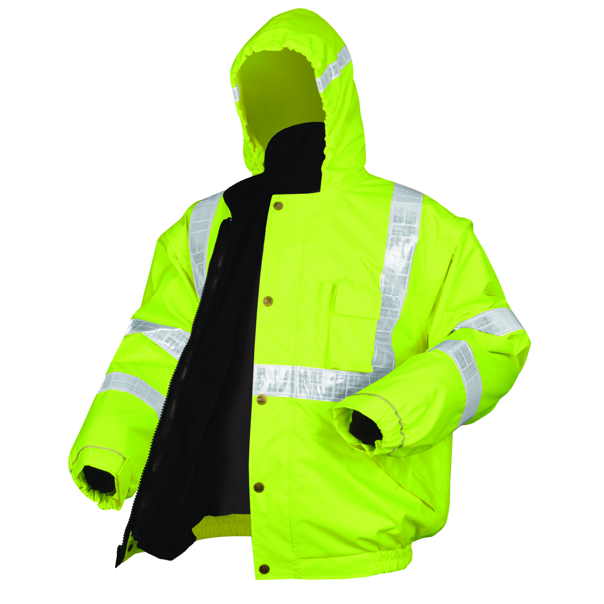 MCR Safety® Fluorescent Lime Luminator™ Polyester And Polyurethane 4-in-1 Coat With Attached Hood, Hi Viz Stripes And Fleece Zip