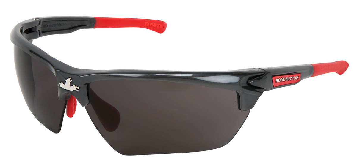 MCR Safety® Dominator™ DM3 Gun Metal And Red Safety Glasses With Gray Anti-Fog Lens And Thermal Plastic Rubber (TPR) Temple (Ava