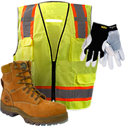 Protective apparel options including safety vests, safety boots, work clothing, and work gloves
